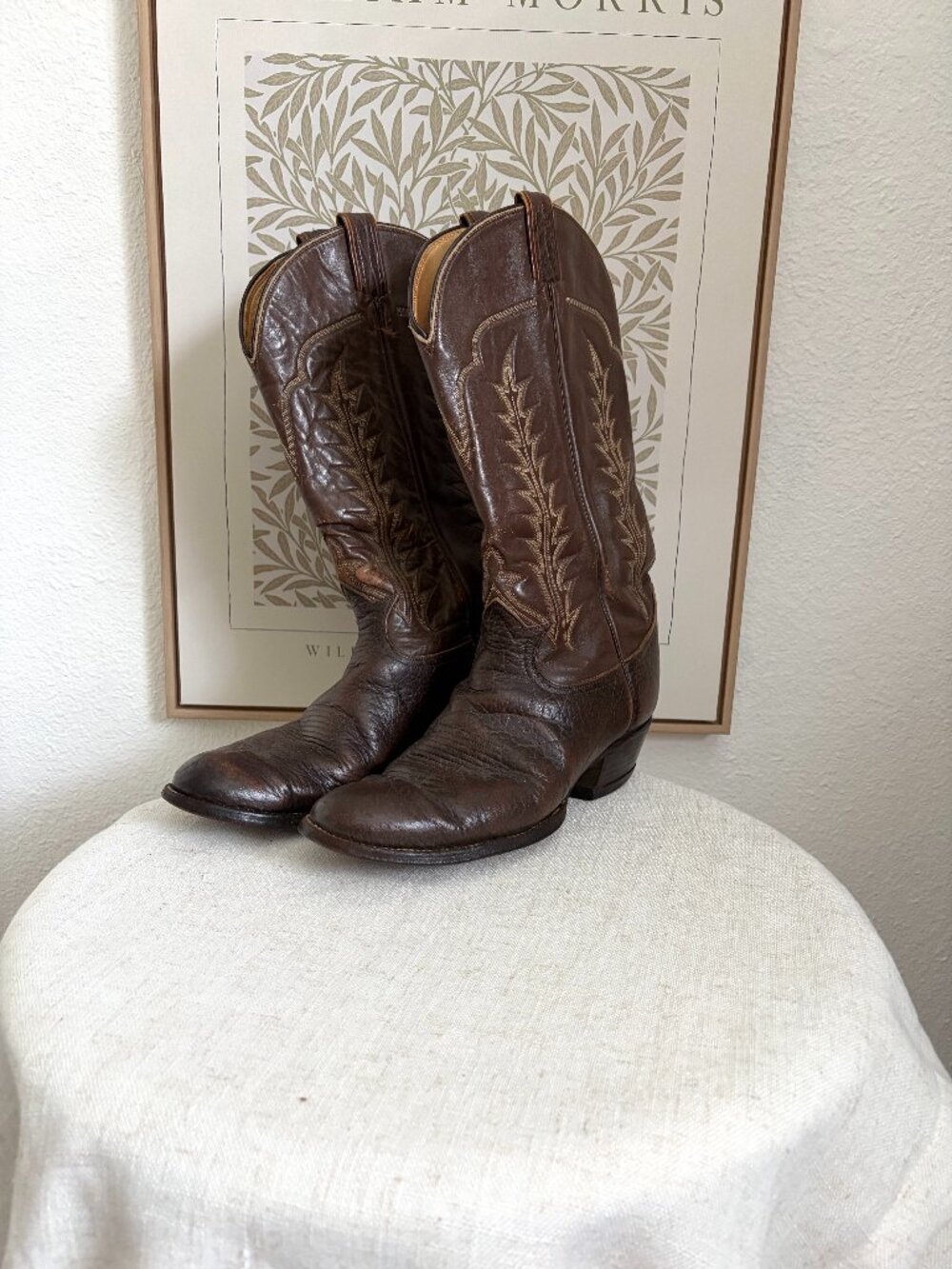 Vintage Tony Lama Cowboy Boots | Brown Leather Leaf Stitch, Size 11